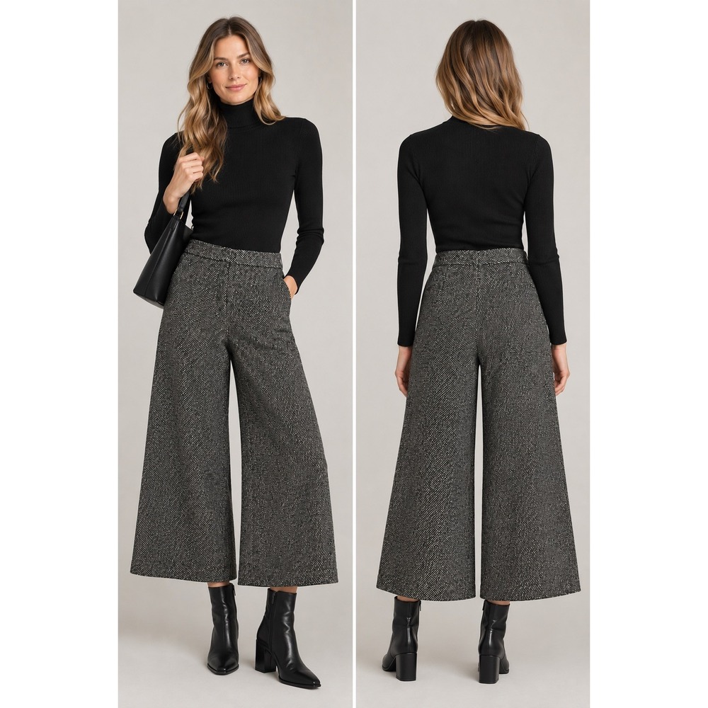 NWT Massimo Dutti Black & White Boucle Tweed Wide Leg Cropped Goucho Culottes